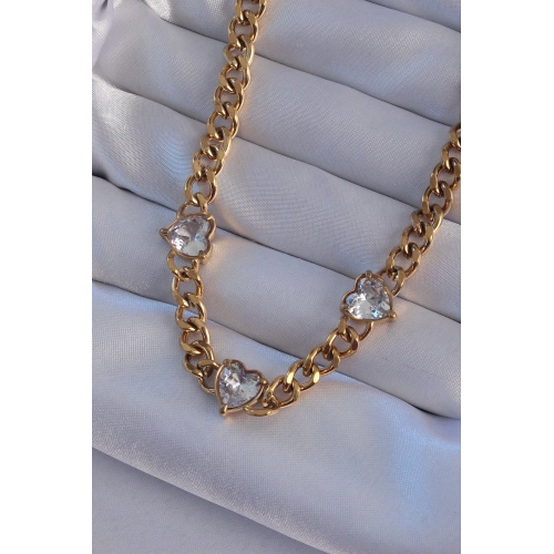 BFS 316L Çelik Gold Renk Zirkon Taşlı Kalp Model Zincir Kolye