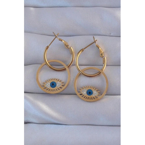 BFS 316L Çelik Gold Renk Zirkon Taşlı Mavi Göz Tasarımlı Halka Küpe