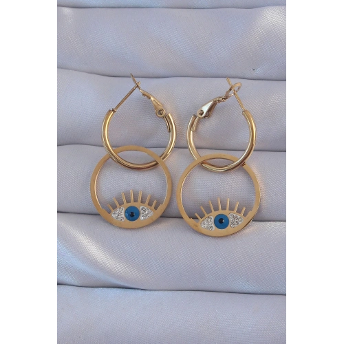 BFS 316L Çelik Gold Renk Zirkon Taşlı Mavi Göz Tasarımlı Halka Küpe