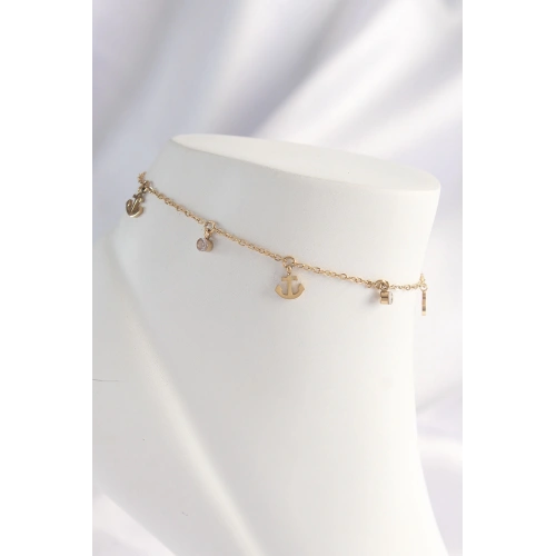 BFS 316L Çelik Gold Renk Zirkon Taşlı Minimal Çapa Tasarımlı Halhal