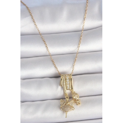 BFS 316L Çelik Gold Renk Zirkon Taşlı Sallantı Melek Figür Charm Kadın Kolye