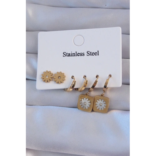 BFS 316L Çelik Gold Renk Zirkon Taşlı Sedefli Papatya Model Halka Küpe Seti