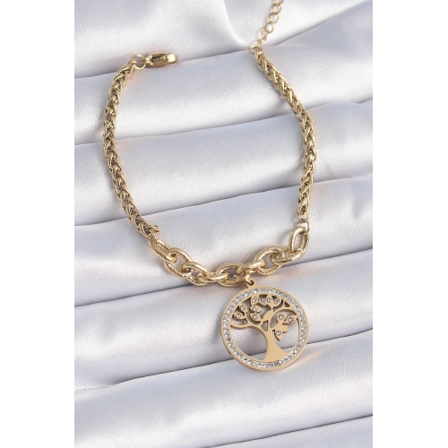 BFS 316L Çelik Gold Renk Zirkon Taşlı Yaşam Ağacı Figür Kadın Bileklik