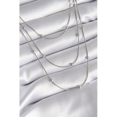 BFS 316L Çelik Gümüş Renk 3lü Topçuk Detay Kadın Kolye