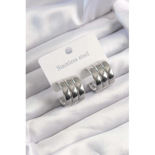 BFS 316L Çelik Gümüş Renk 3lü Görünüm Bombe Model Yarım Halka Küpe