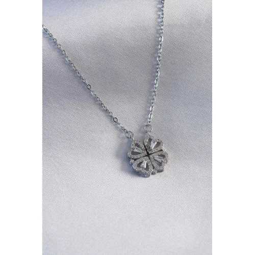 BFS 316L Çelik Gümüş Renk Açılır Yonca Model Kadın Kolye