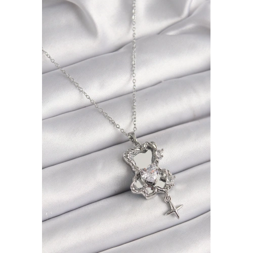 BFS 316L Çelik Gümüş Renk Ayna Ayıcık Model Zirkon Taşlı Kalp Detay Kadın Kolye