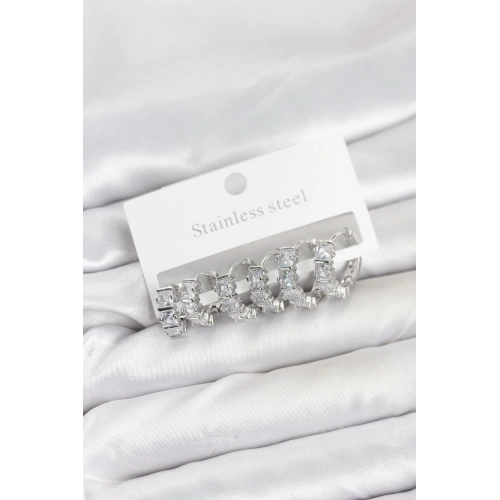 BFS 316L Çelik Gümüş Renk Baget Zirkon Taşlı Halka Küpe Seti