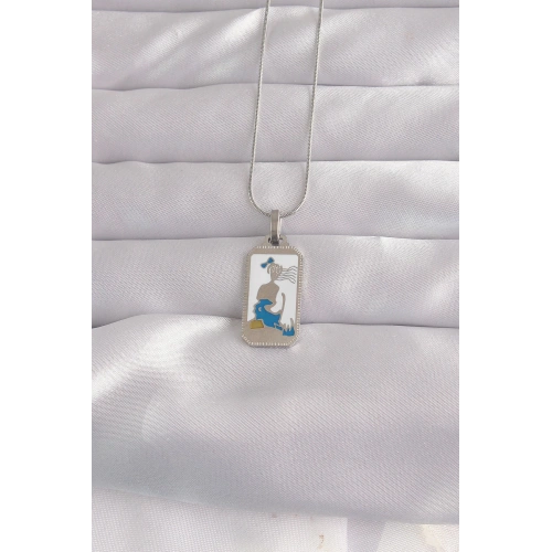 BFS 316L Çelik Gümüş Renk Beyaz Mineli Kız Figür Tarot Kolye