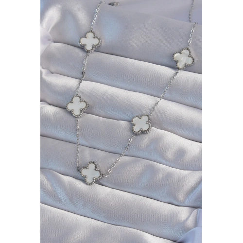 BFS 316L Çelik Gümüş Renk Beyaz Sedefli Yonca Kolye