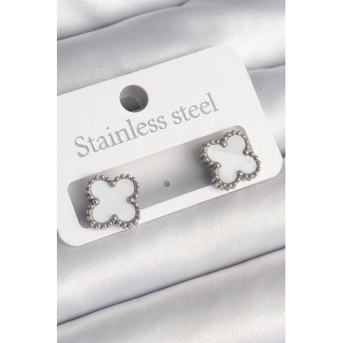 BFS 316L Çelik Gümüş Renk Beyaz Yonca Model Kadın Küpe