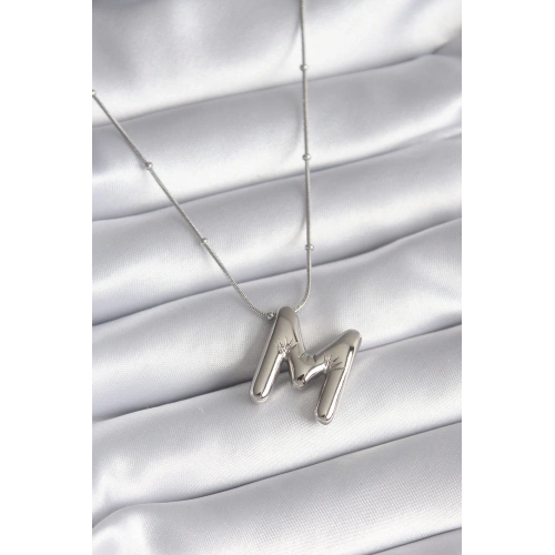 BFS 316L Çelik Gümüş Renk Bubble M Harf Model Kadın Kolye