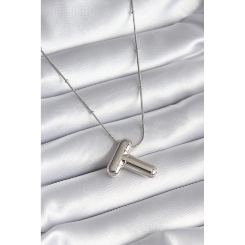 BFS 316L Çelik Gümüş Renk Bubble T Harf Model Kadın Kolye