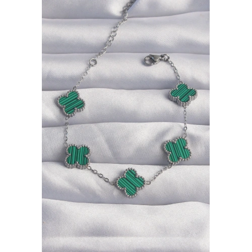 BFS 316L Çelik Gümüş Renk Çizgili Yeşil Mineli Yonca Bileklik