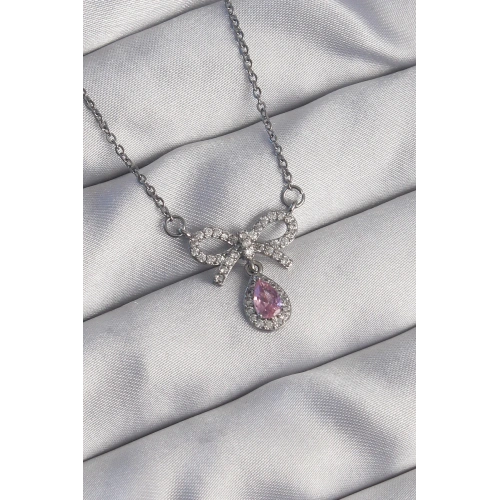 BFS 316L Çelik Gümüş Renk Fiyonk Detay Pembe Zirkon Taşlı Damla Kolye