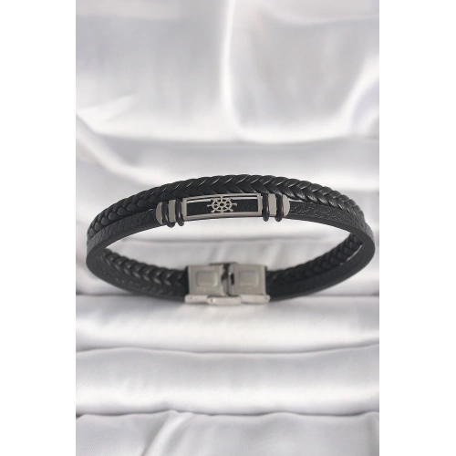 BFS 316L Çelik Gümüş Renk Gemi Dümeni Figür Siyah Burgu Deri Kordon Model Erkek Bileklik