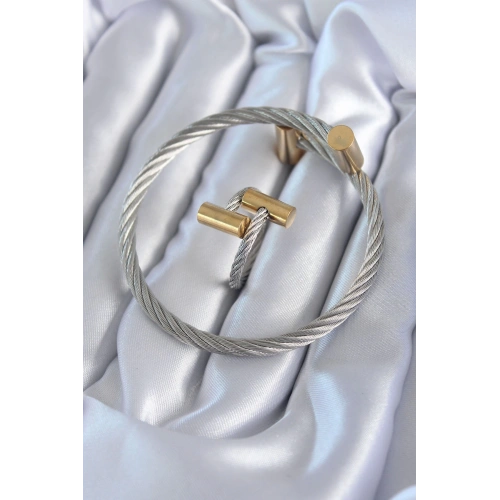 BFS 316L Çelik Gümüş Renk Gold Detay Sarmal Model Erkek Bileklik Yüzük Kombini