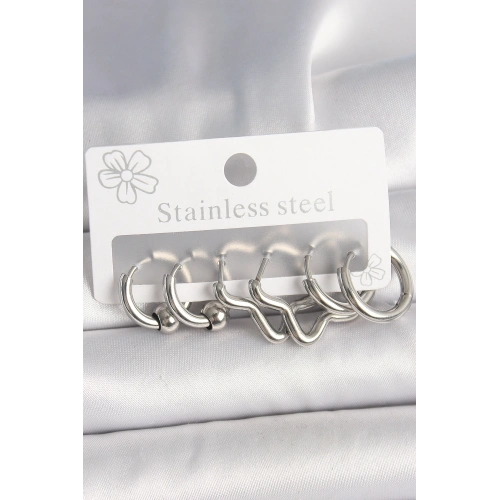 BFS 316L Çelik Gümüş Renk Halka Yıldız Model Kadın Küpe Seti