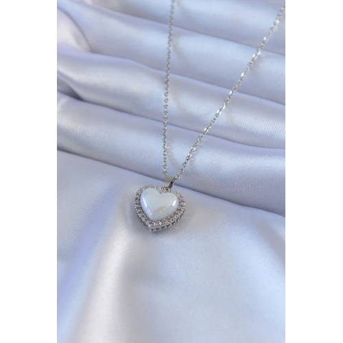 BFS 316L Çelik Gümüş Renk İncili Kalp Model Zirkon Taşlı Kadın Kolye