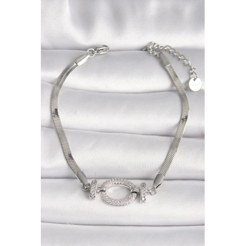 BFS 316L Çelik Gümüş Renk İtalyan Zincir Model Zirkon Taşlı Halka Figür Kadın Bileklik