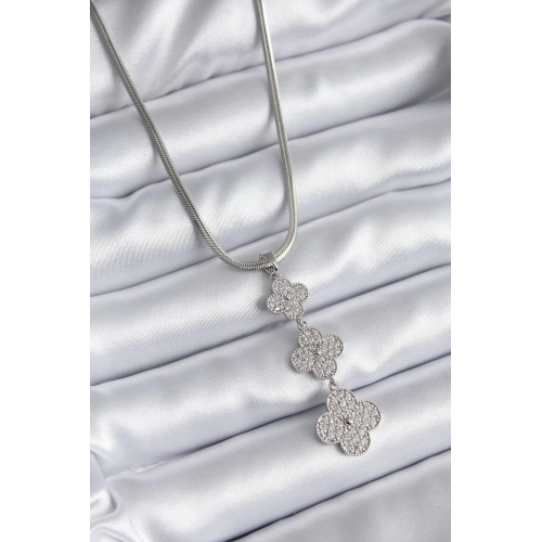 BFS 316L Çelik Gümüş Renk İtalyan Zincir Zirkon Taşı Yonca Model Kadın Kolye
