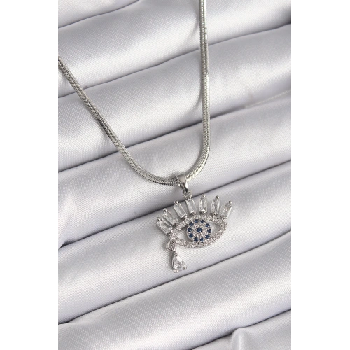 BFS 316L Çelik Gümüş Renk İtalyan Zincir Zirkon Taşlı Göz Model Kadın Kolye