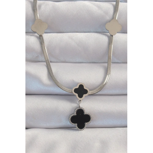 BFS 316L Çelik Gümüş Renk İtalyan Zincirli Mineli Yonca Kolye