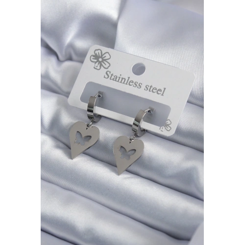 BFS 316L Çelik Gümüş Renk Kalp Model Kelebek İşleme Kadın Küpe