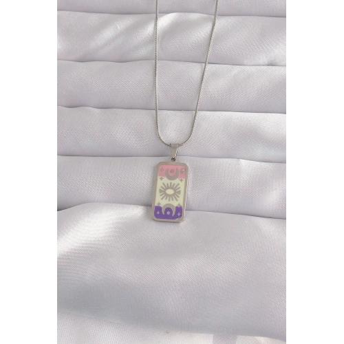 BFS 316L Çelik Gümüş Renk Karışık Mineli Ay Figür Tarot Kolye