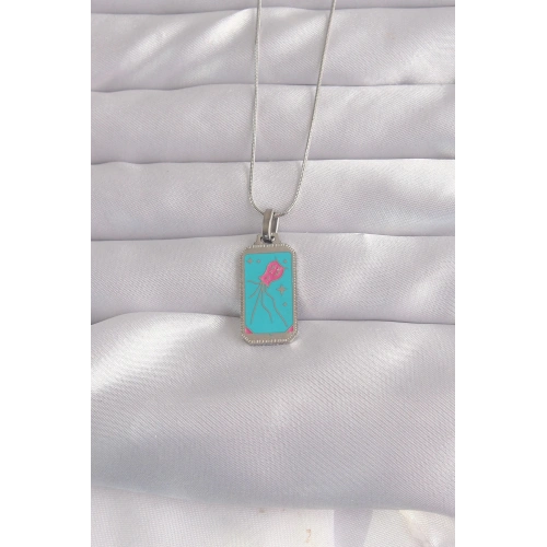 BFS 316L Çelik Gümüş Renk Mavi Mineli Tarot Kolye