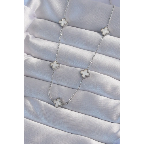 BFS 316L Çelik Gümüş Renk Minimal Beyaz Sedefli Yonca Kolye