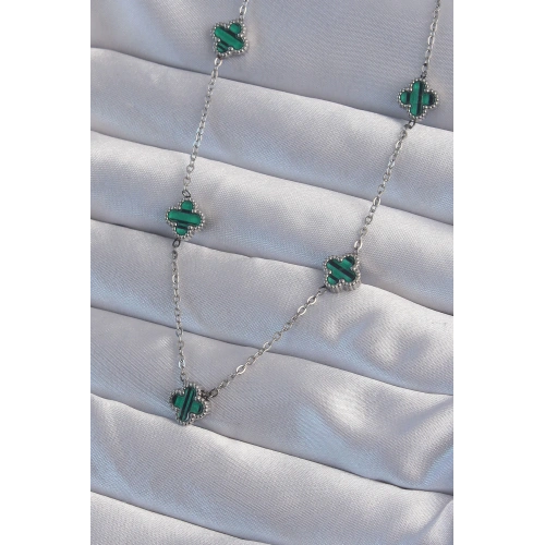 BFS 316L Çelik Gümüş Renk Minimal Yeşil Mineli Yonca Kolye