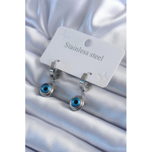 BFS 316L Çelik Gümüş Renk Nazar Boncuk Model Kadın Küpe