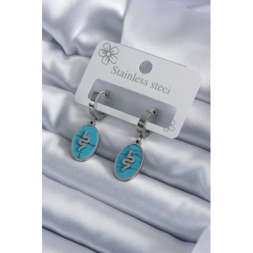 BFS 316L Çelik Gümüş Renk Oval Mavi Taşlı Yılan Figür Kadın Küpe