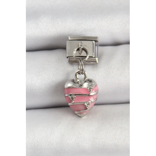 BFS 316L Çelik Gümüş Renk Pembe Kalp Model Nomination Charm