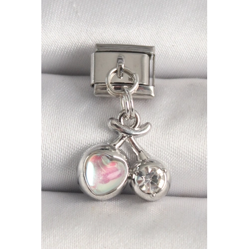 BFS 316L Çelik Gümüş Renk Pembe Mineli Kalp Zirkon Taş Detay Nomination Charm