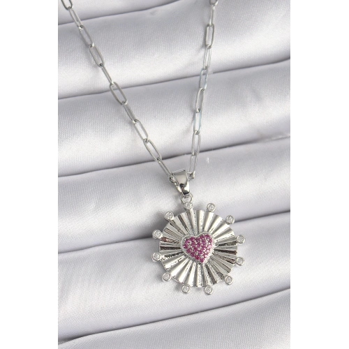 BFS 316L Çelik Gümüş Renk Pembe Zirkon Taşlı Kalp İşleme Madalyon Model Kadın Kolye