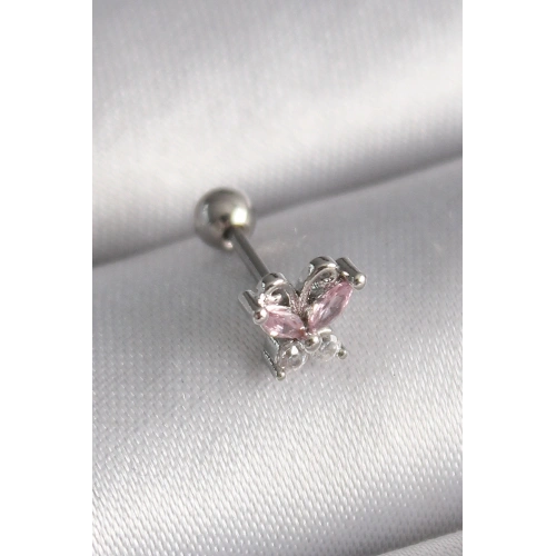 BFS 316L Çelik Gümüş Renk Pembe Zirkon Taşlı Kelebek Tragus Piercing