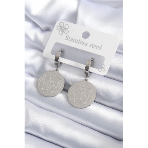 BFS 316L Çelik Gümüş Renk Pentagram İşleme Model Kadın Küpe