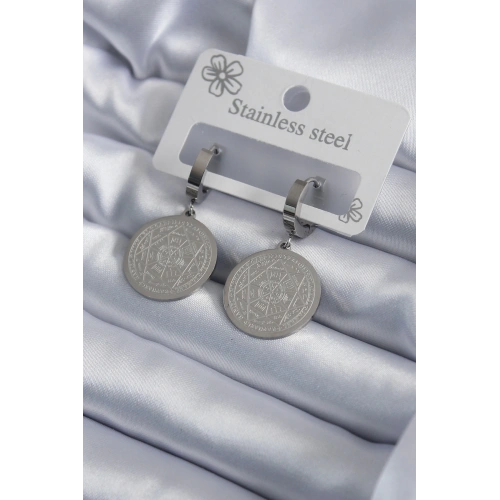 BFS 316L Çelik Gümüş Renk Pentagram Yıldızı İşleme Kadın Küpe