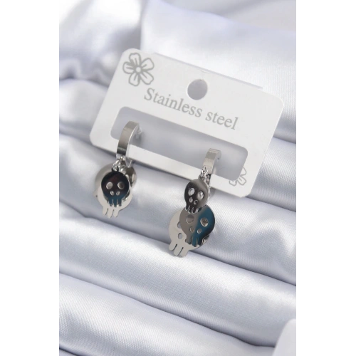 BFS 316L Çelik Gümüş Renk Sallantı Kuru Kafa Model Kadın Küpe