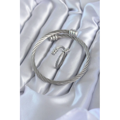 BFS 316L Çelik Gümüş Renk Sarmal Model Erkek Bileklik Yüzük Kombini