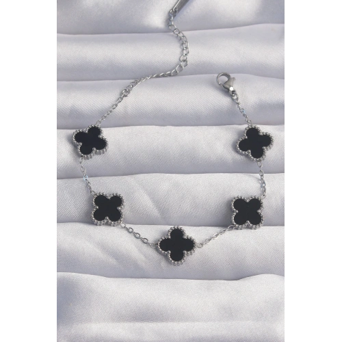 BFS 316L Çelik Gümüş Renk Siyah Mineli Yonca Bileklik