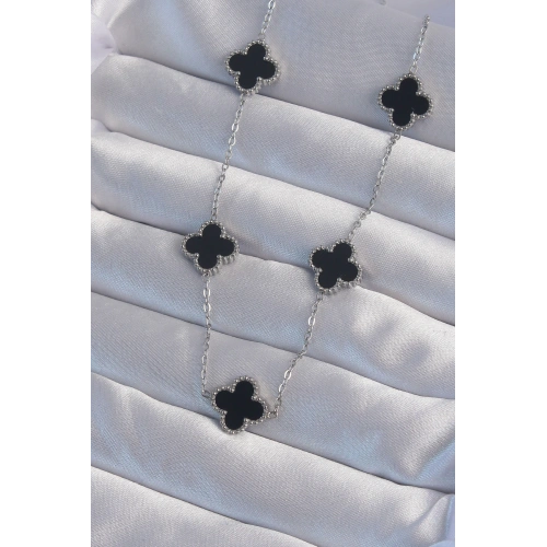 BFS 316L Çelik Gümüş Renk Siyah Mineli Yonca Kolye