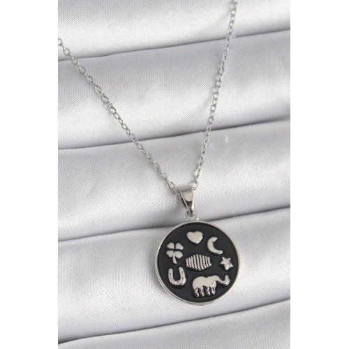 BFS 316L Çelik Gümüş Renk Siyah Renk Şans Kolyesi