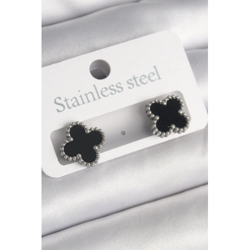 BFS 316L Çelik Gümüş Renk Siyah Yonca Model Kadın Küpe