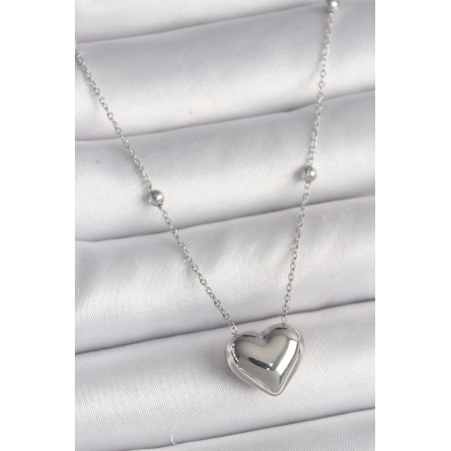 BFS 316L Çelik Gümüş Renk Topçuk Detay Zincir Kalp Model Kadın Kolye