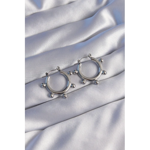 BFS 316L Çelik Gümüş Renk Topçuk Tasarımlı Oval Küpe