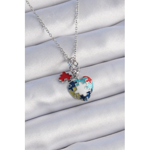 BFS 316L Çelik Gümüş Renk Yapboz Motif Kalp Figür Charm Model Kadın Kolye