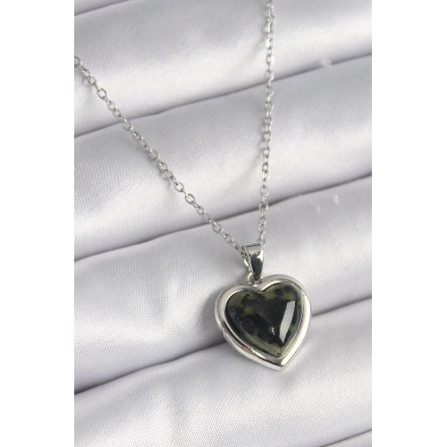 BFS 316L Çelik Gümüş Renk Yeşil Mineli Kalp Model Kadın Kolye